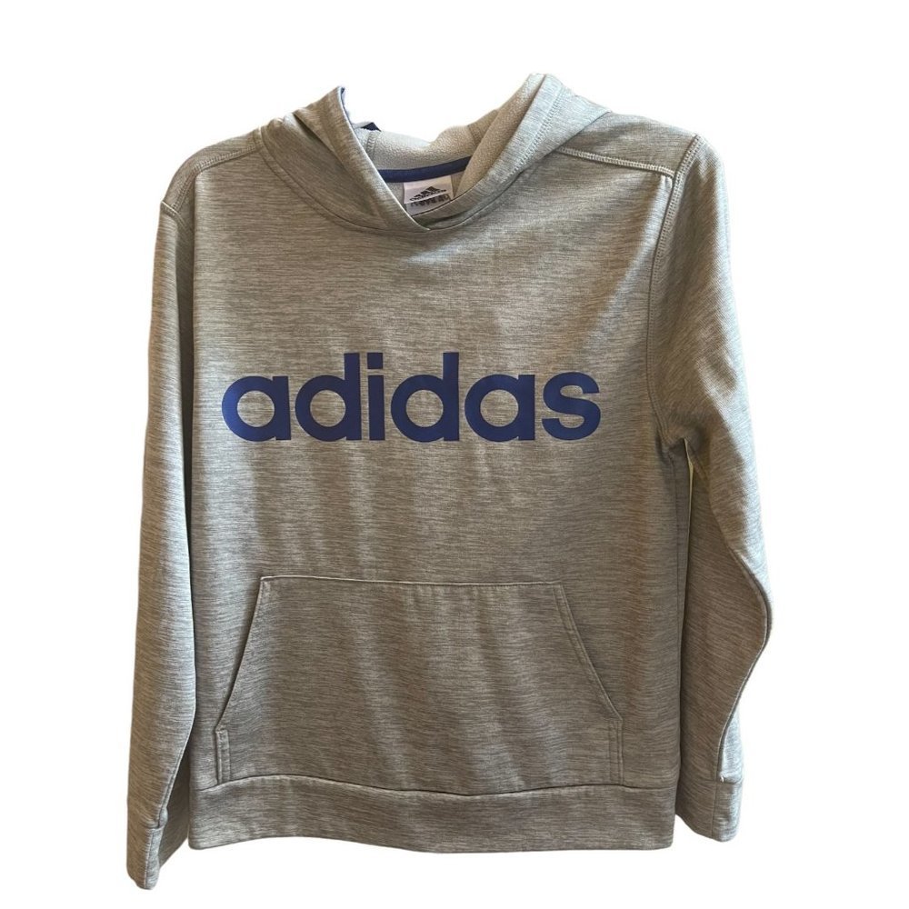 Adidas Gray Sweatshirt Hoodie Long Sleeves with Blue Lettering Size Medium
